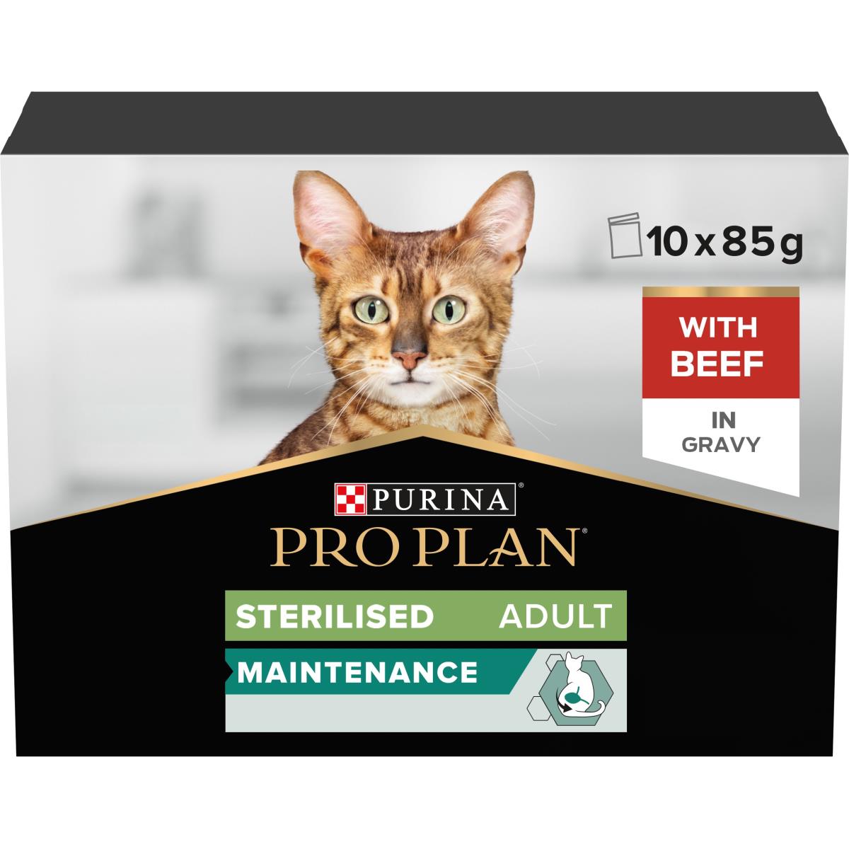 PRO PLAN STERILISED WET CAT FOOD, BEEF IN GRAVY,10 X 85G