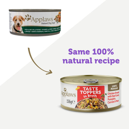 Applaws Taste Toppers in Broth Chicken with Beef Wet Dog Food 156g Tin
